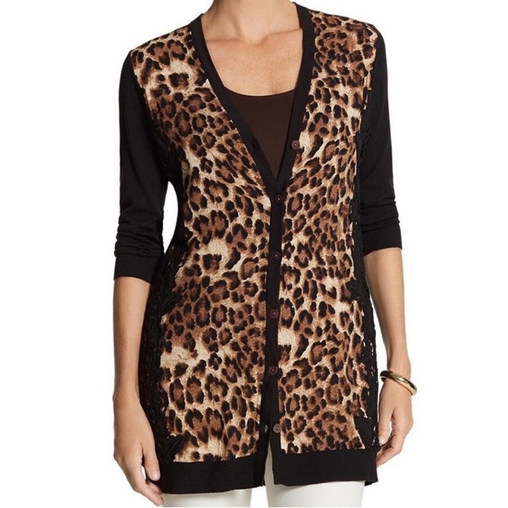 Chico’s Sweater Leopard Lace Long Button 3/4 Sleeve V- Neck FLAW New